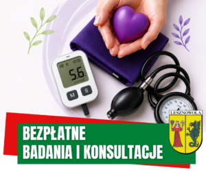 Fioletowe serce, ciśnieniomierz i glukometr do badania krwi. Na dole napis: Bezpłatne badania i konsultacje