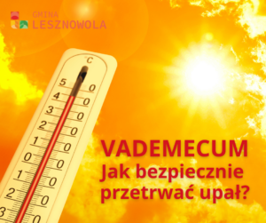 Grafika z w kolorach zółtych i pomrańczowych z termometrem i ostro świecącym słońcem. Poniżej tytuł czerwonymi literami. jak bezpiecznie przetrwać upał.