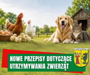 Kury, pies i kot. Na pasku napis NOWE ZASADY UTRZYMYWANIA ZWIERZĄT
