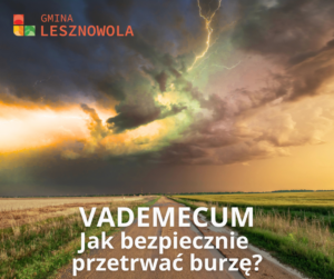 grafika z burzowym niebem nad polną drogą, U góry logo Gminy Lesznowola , na dole napis białymi literami: VADEMECUM Jak bezpiecznie przetrwać burzę.