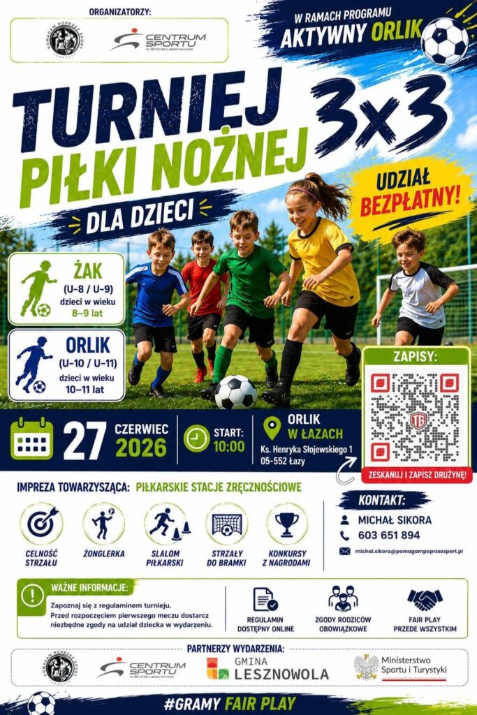 plakat promujący turniej piłkarski dla dzieci w Lesznowoli