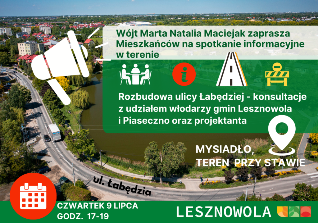 plakat z zaproszeniem na spotkanie w sprawie rozbudowy Łabędziej