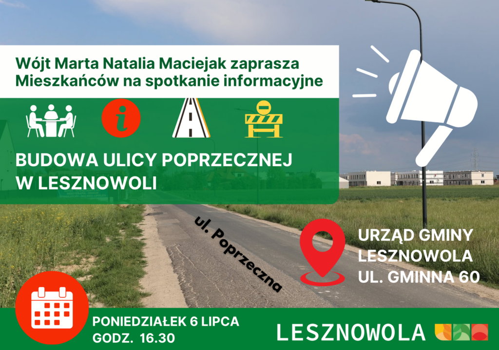 plakat zapraszający na spotkanie w sprawie ul. Poprzecznej w Lesznowoli
