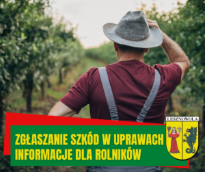 Zdjęcie w sadzie mężczyzny w stroju roboczym i kapeluszu, stojącego plecami do widza. na zielonym pasku napis: zgłaszanie szkód w uprawach Informacje dla rolników