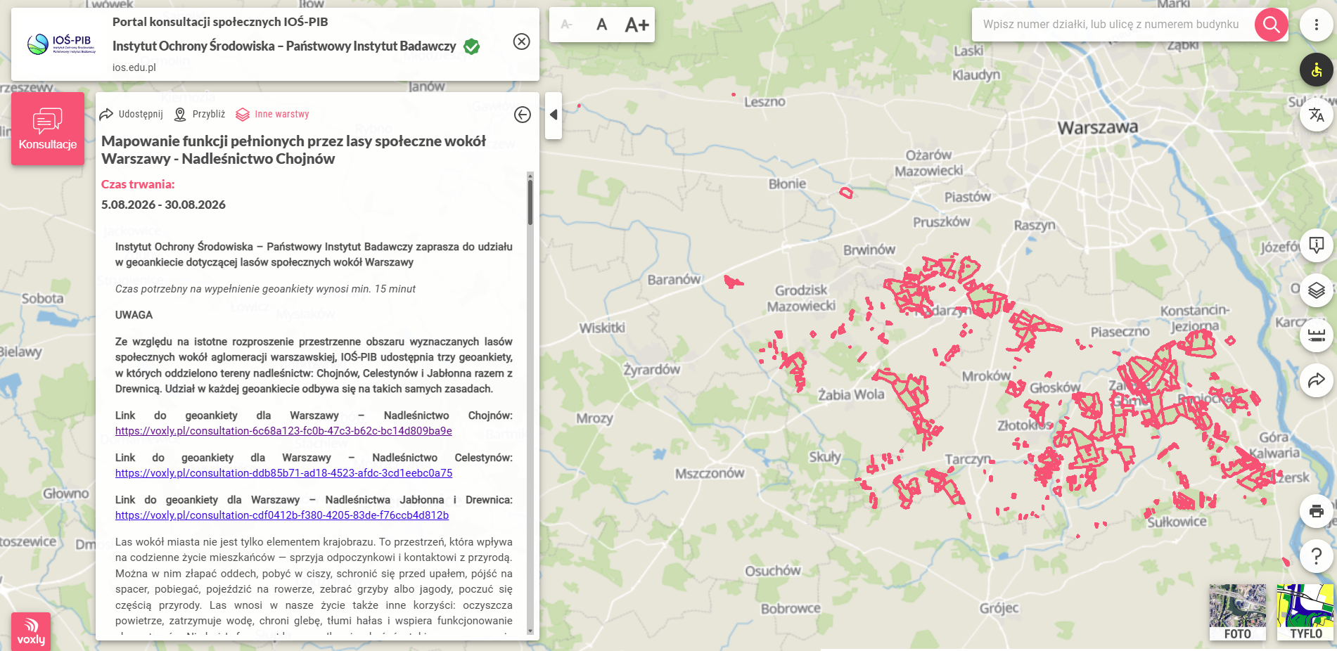 Mapa z geoportalu z informacją z portalu konsultacji Instytutu Ochrony Środowiska