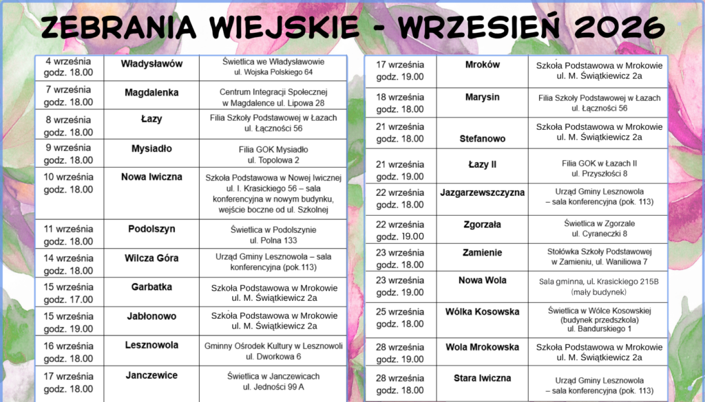 Harmonogram zebrań wiejskich w formie tabelarycznej, na kolorowym kwiecistym tle.
