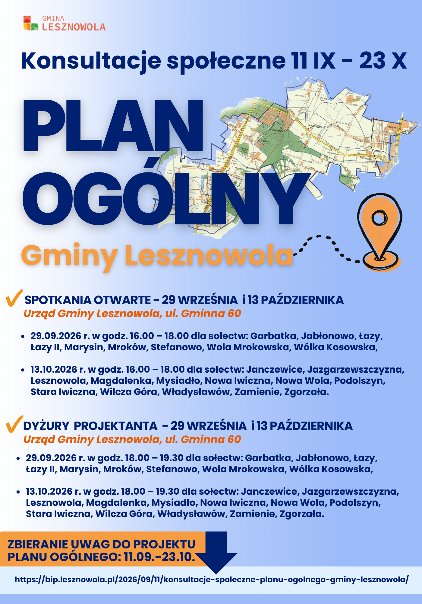 Plakat z dużym napisem Plan Ogólny i mapą - informujący o konsultacjach planu ogólnego gminy Lesznowola, które odbywają się w terminie 11.09-23.10.