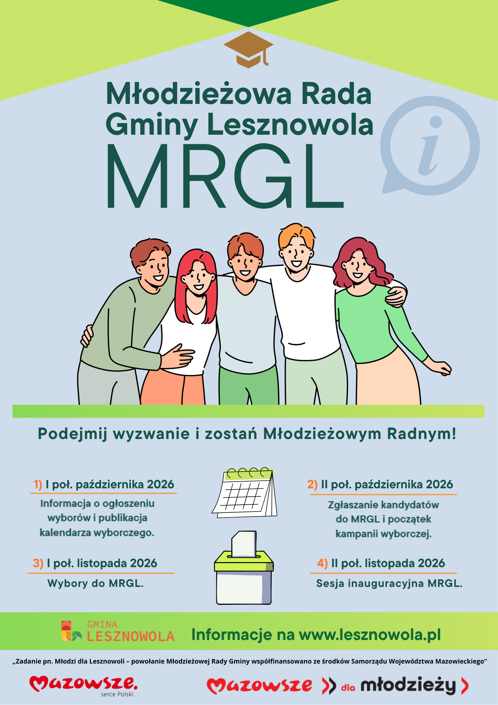 Plakat reklamujący wybory do Młodzieżowej Rady Gminy Lesznowola. W centralnym miejscu grafika z grupą młodzieży i duży napis u góry: Młodzieżowa Rada Gminy Lesznowola MRGL
