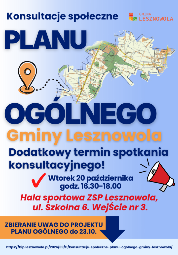 Plakat informujący o kosultacjach społecznych Planu Ogólnego gminy lesznowola, dodatkowym terminie spotkania konsultacyjnego
