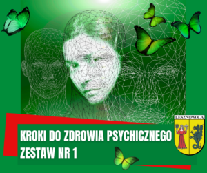 Na zielonym tle grafika z ludzką twarzą oraz siatkami ludzkiej glowy. Na zielonym tle wuidoczne także zielone motyle. na zielonym pasku na dole napis: Kroki do zdrowia psychicznego zestaw nr 1.