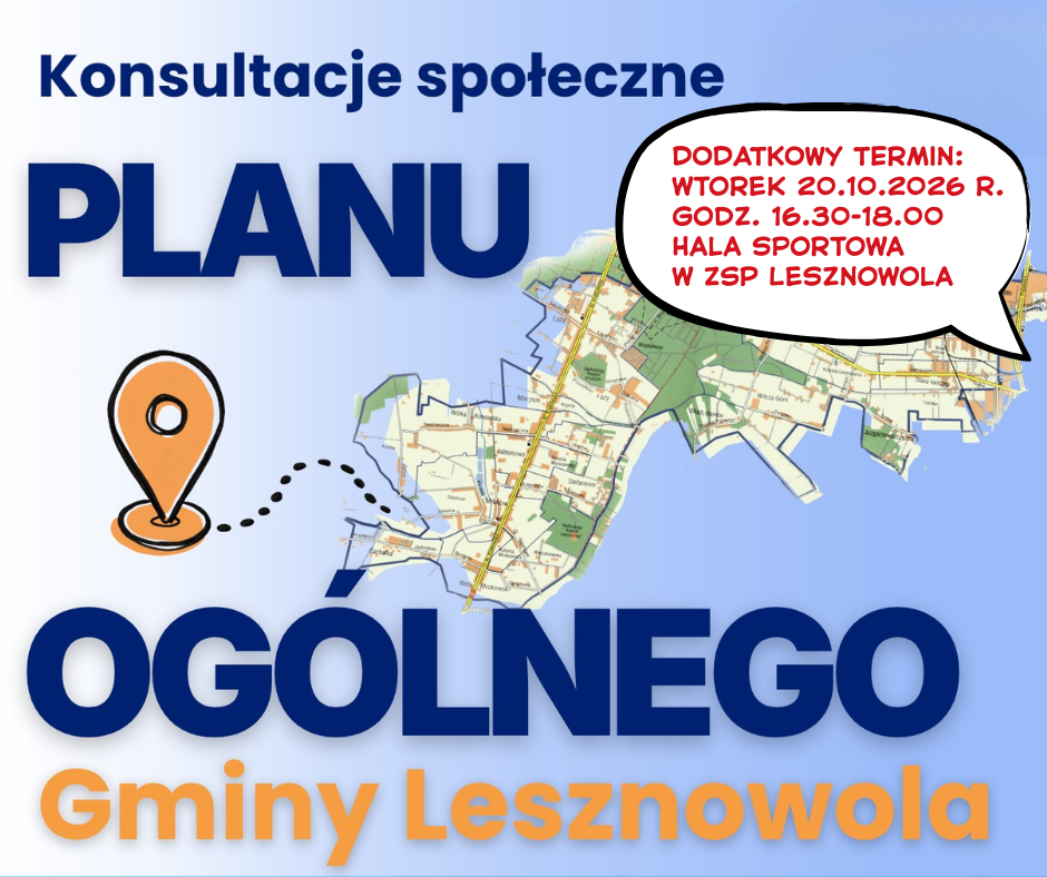 grafika z mapą, żnacznikem lokalizacji i dużym napisem kosultacje społeczne PLANU OGÓLNEGO Gminy Lesznowola. W dymku rozmowy po lprawej stronie u góry napis: DODATKOWY TERMIN: WTOREK 20.10.2026 R. HALA SPORTOWA W ZSP LESZNOWOLA