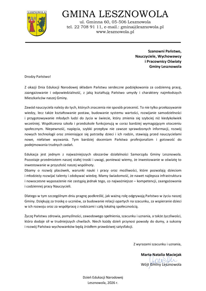 list wójt Lesznowoli Marty Natalii MAciejak do nauczycieli z okazji Dnia Nauczyciela 2026